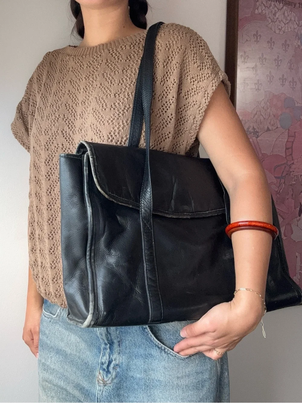 Black Leather tote bag work bag